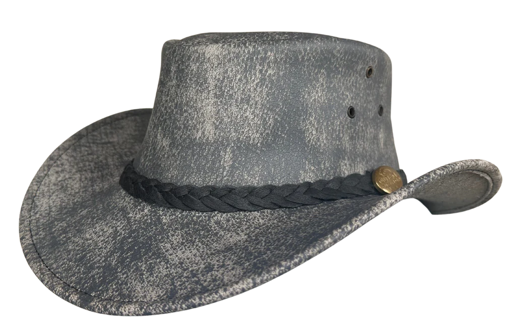 Aussie Leather Hat Outback Survival Gear "Maverick Crusher" in Stonewash grey H4005