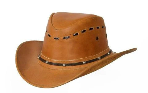 Brown leather cowboy hat with studded band on a white background